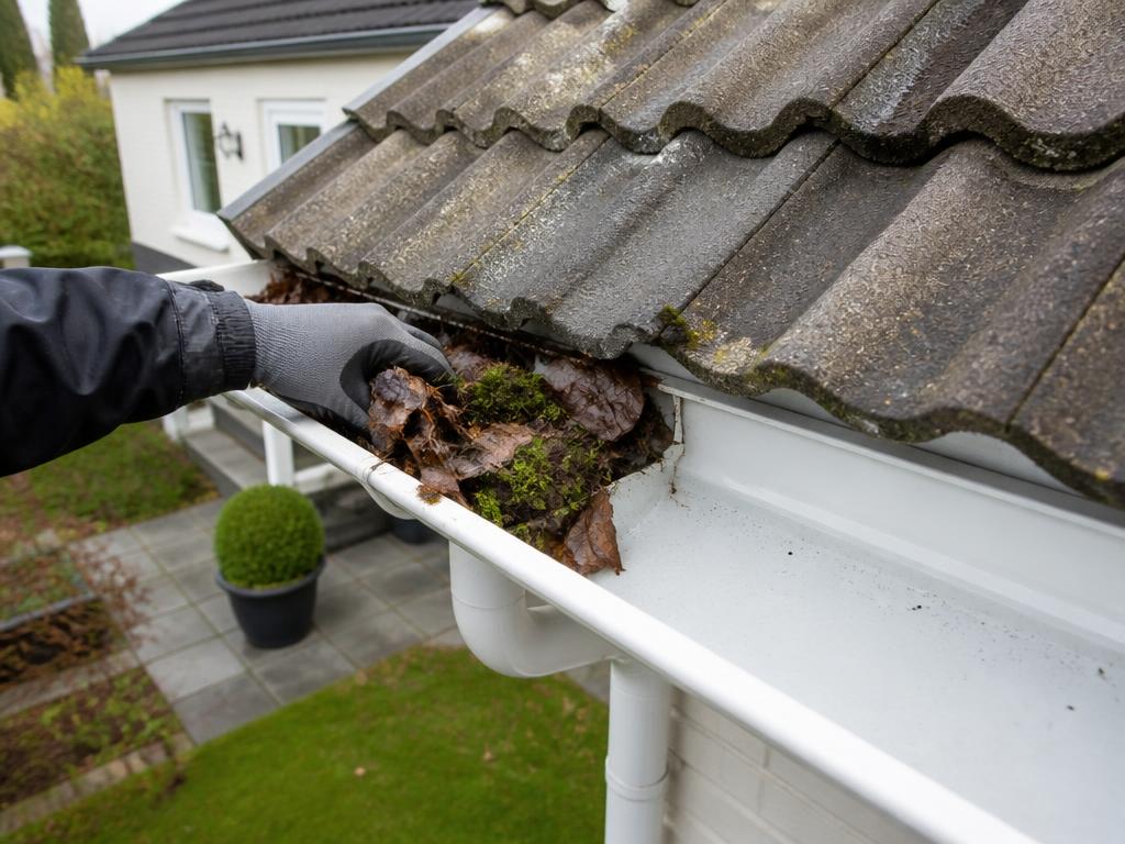 Rensning av hängränna och takränna på villa på Hisingen – löv och smuts avlägsnas